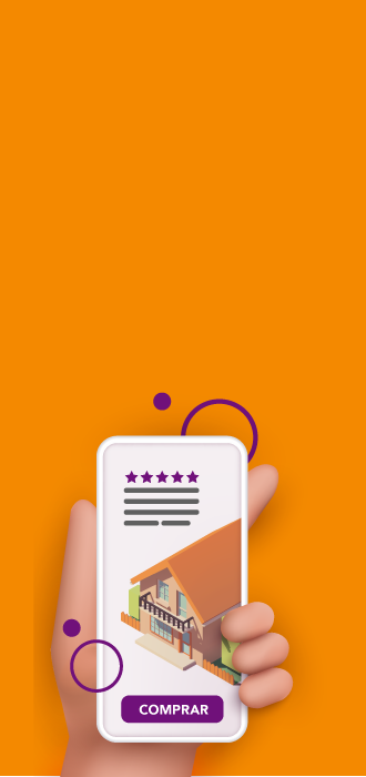 IMAGEN DE UNA MANO CON UN CELULAR Y EN LA PANTALLA DEL CELULAR SE CUENTA CON UNA IMAGEN DE UNA CASA Y LA OPCION DE COMPRAR