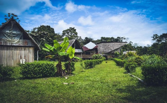 Varias casas de pueblo indígena, en medio de la naturaleza.