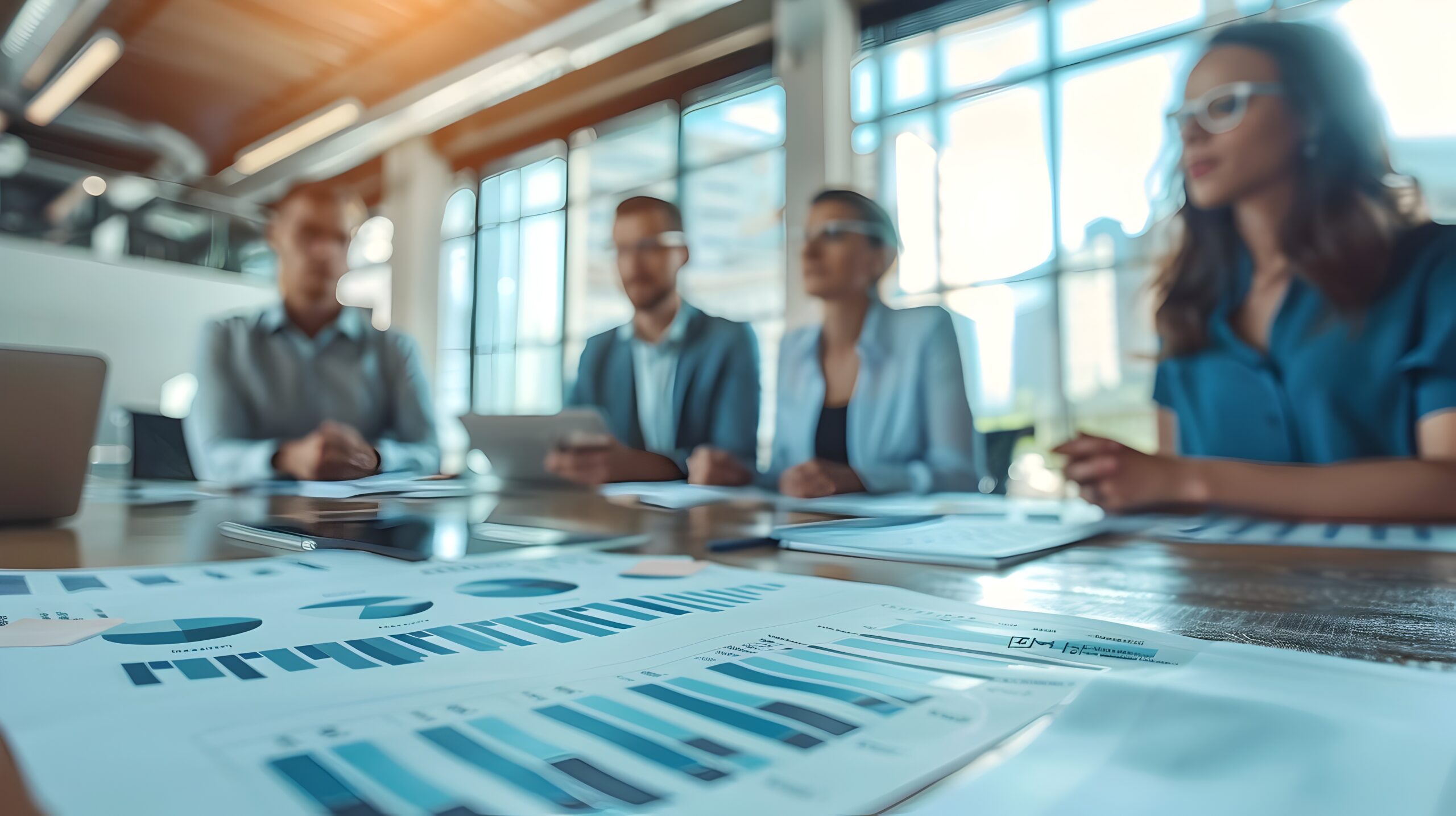 Corporate finance team gathered around a boardroom table collaboratively discussing growth strategies and planning for the future of their business  They are surrounded by laptops documents
