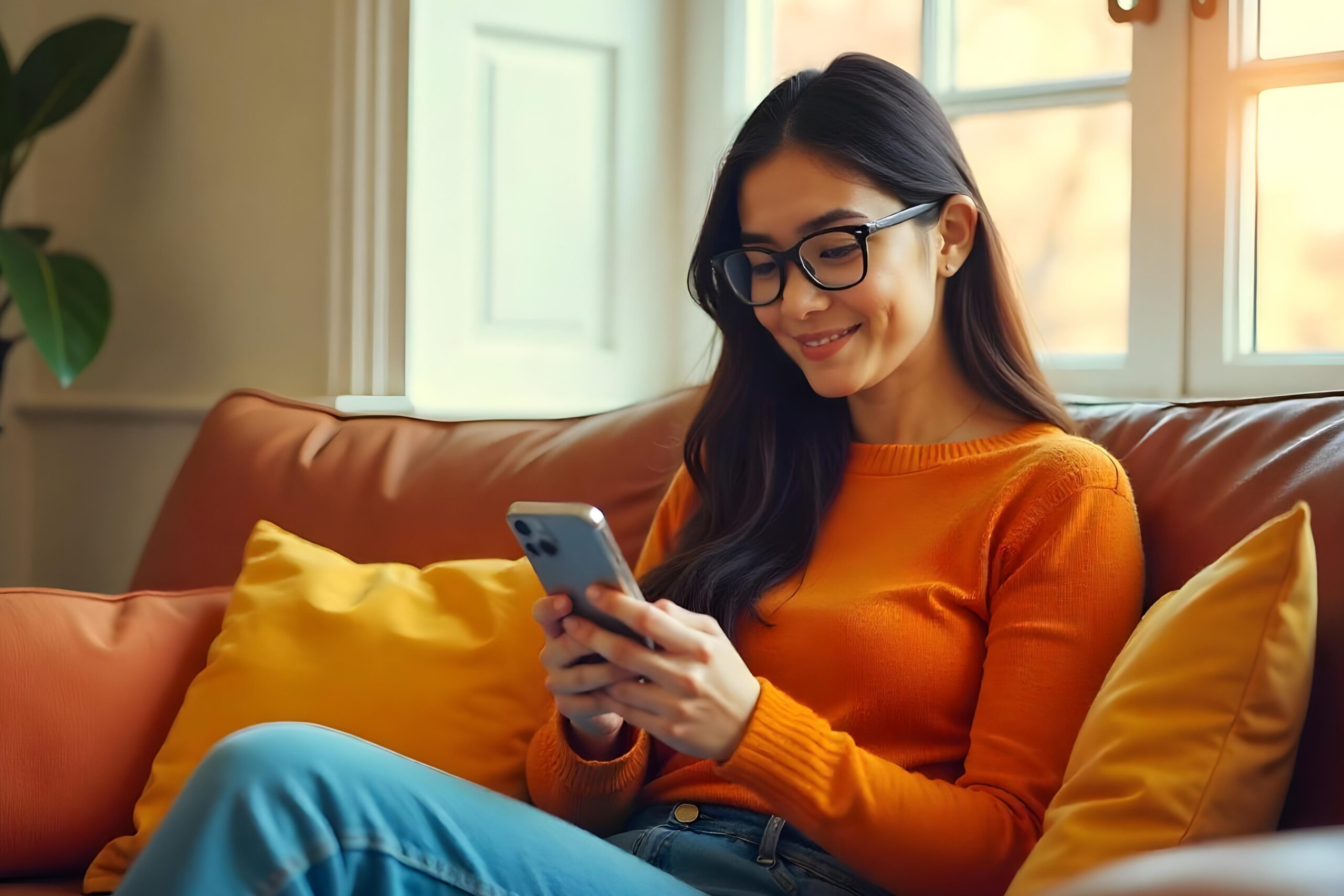 Mujer joven sonriente con gafas, mirando su celular relajada en un sofá de una sala ilumunada.