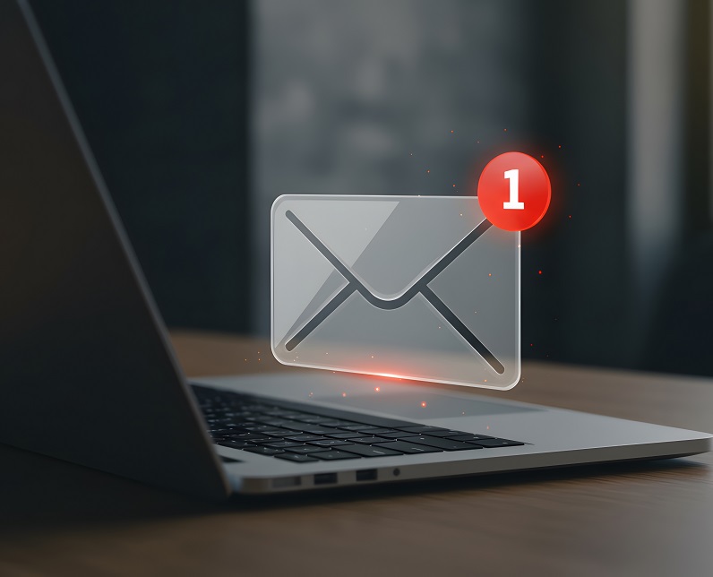 computadora sobre escritorio con una imagen flotante de una cobre de correo