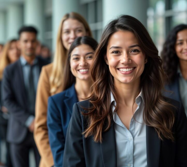Diverse group of people line up at job fair. Hopeful faces show optimism for economic recovery. Applicants look prepared for hiring process. Interior modern office space. Opportunity for career personas en fila vestidas de formal de oficina