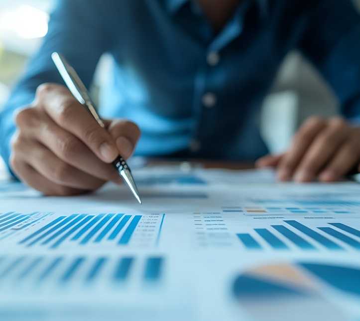 Person reviews financial charts with a pen, highlighting insights in a bright office, perfect for business or financial planning materials.