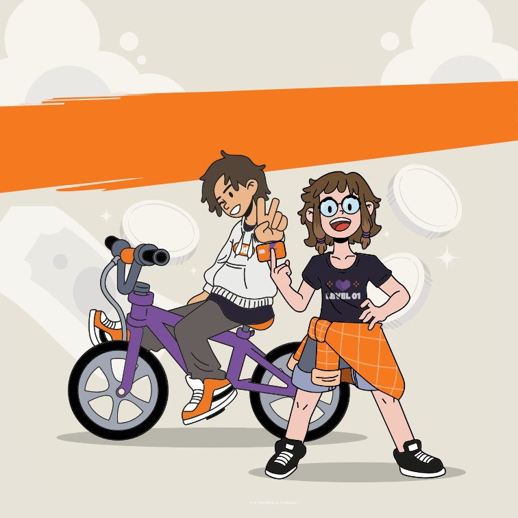 dibujo de un niño sobre una bicicleta y un niña al lado con una tarjeta de débito en la mano