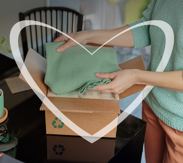 Mujer joven guardando un suéter color verde en una caja de cartón de reciclaje.