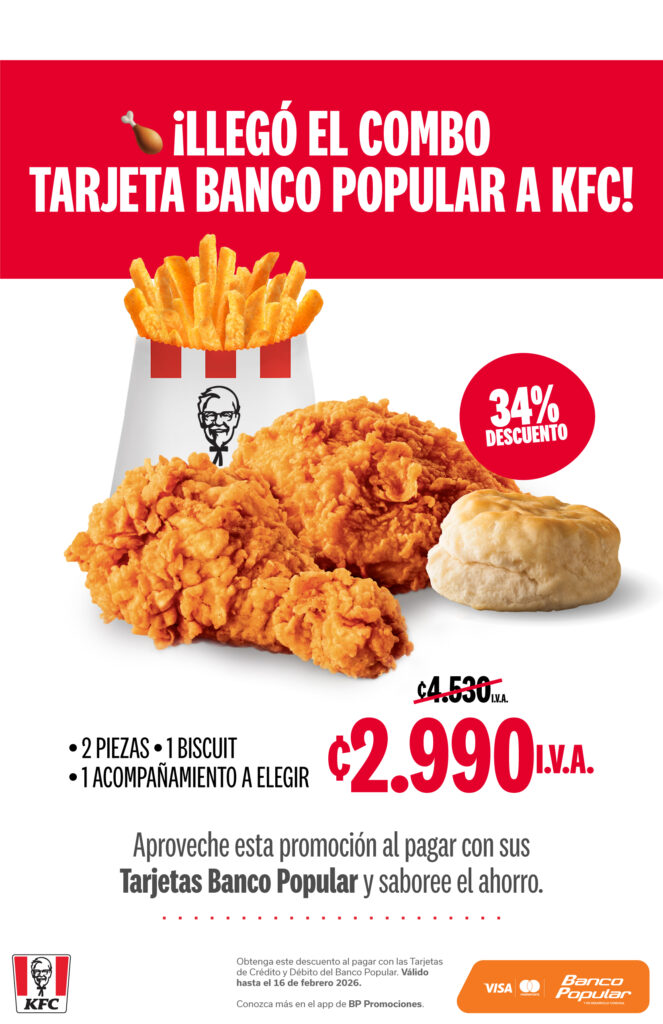 promoción de KFC 2 piezas de pollo, 1 biscuit y 1 acompañamiento a elegir por 2990 colones