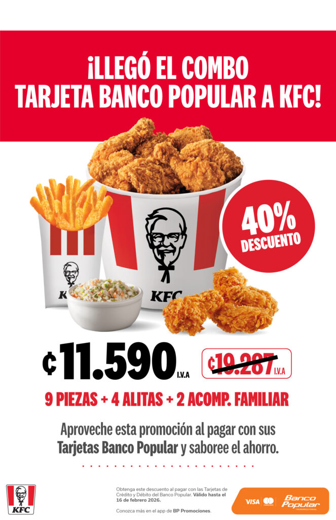 promoción de KFC 9 piezas de pollo, 4 alitas de pollo y 2 acompañamientos familiar por 11.590 colones