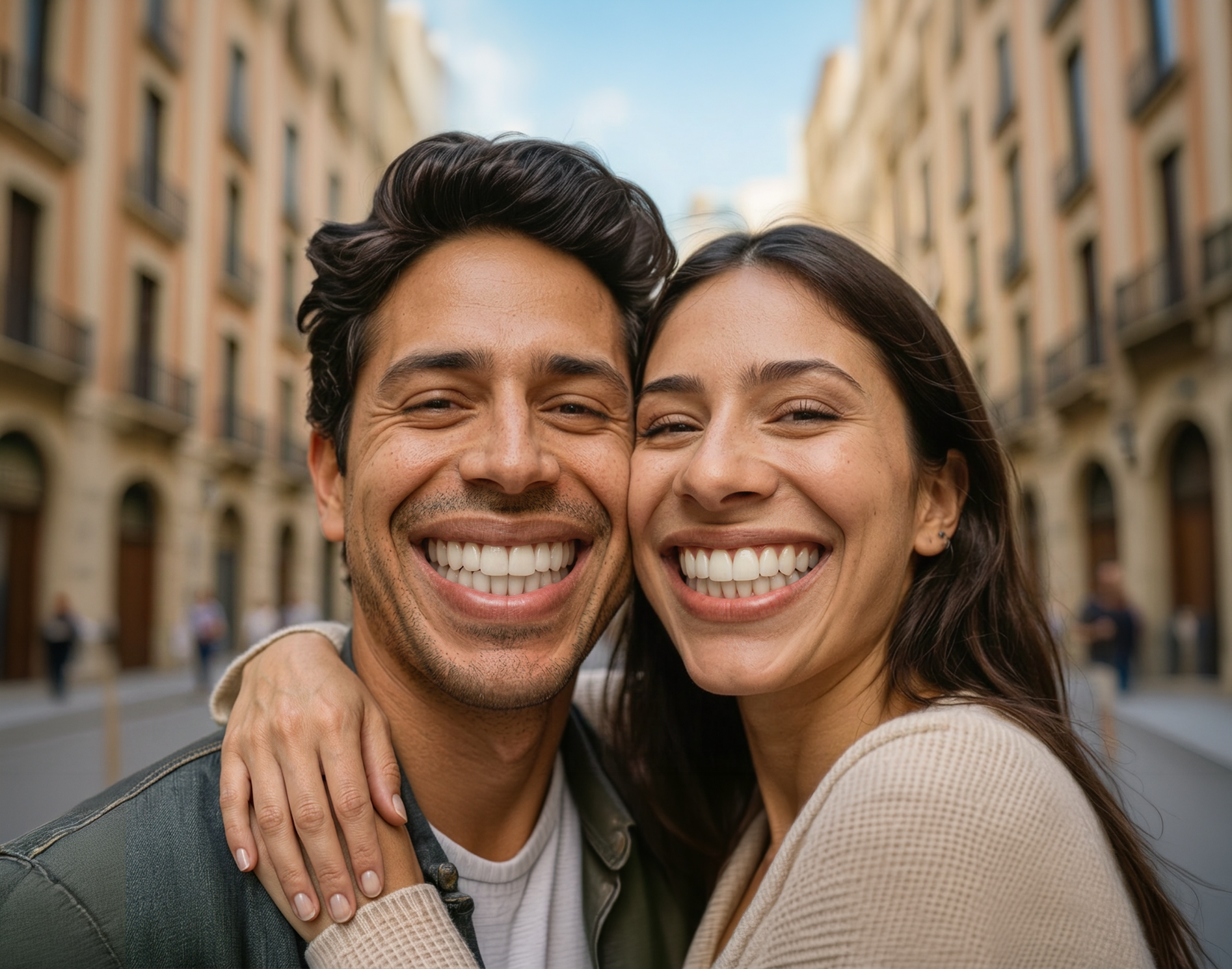 Pareja sonriendo en la ciudad simbolizando estabilidad financiera tras obtener un crédito personal rápido y accesible