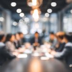 Blur office meeting blurred background with business people working group in boardroom discussion for teamwork brainstorming, executive seminar or professional training in small startup enterprise