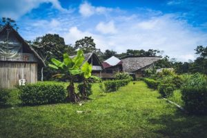 Varias casas de pueblo indígena, en medio de la naturaleza.
