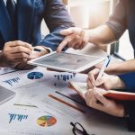 Imagen con grupo de persona con hojas de graficos, tabletas inteligentes
